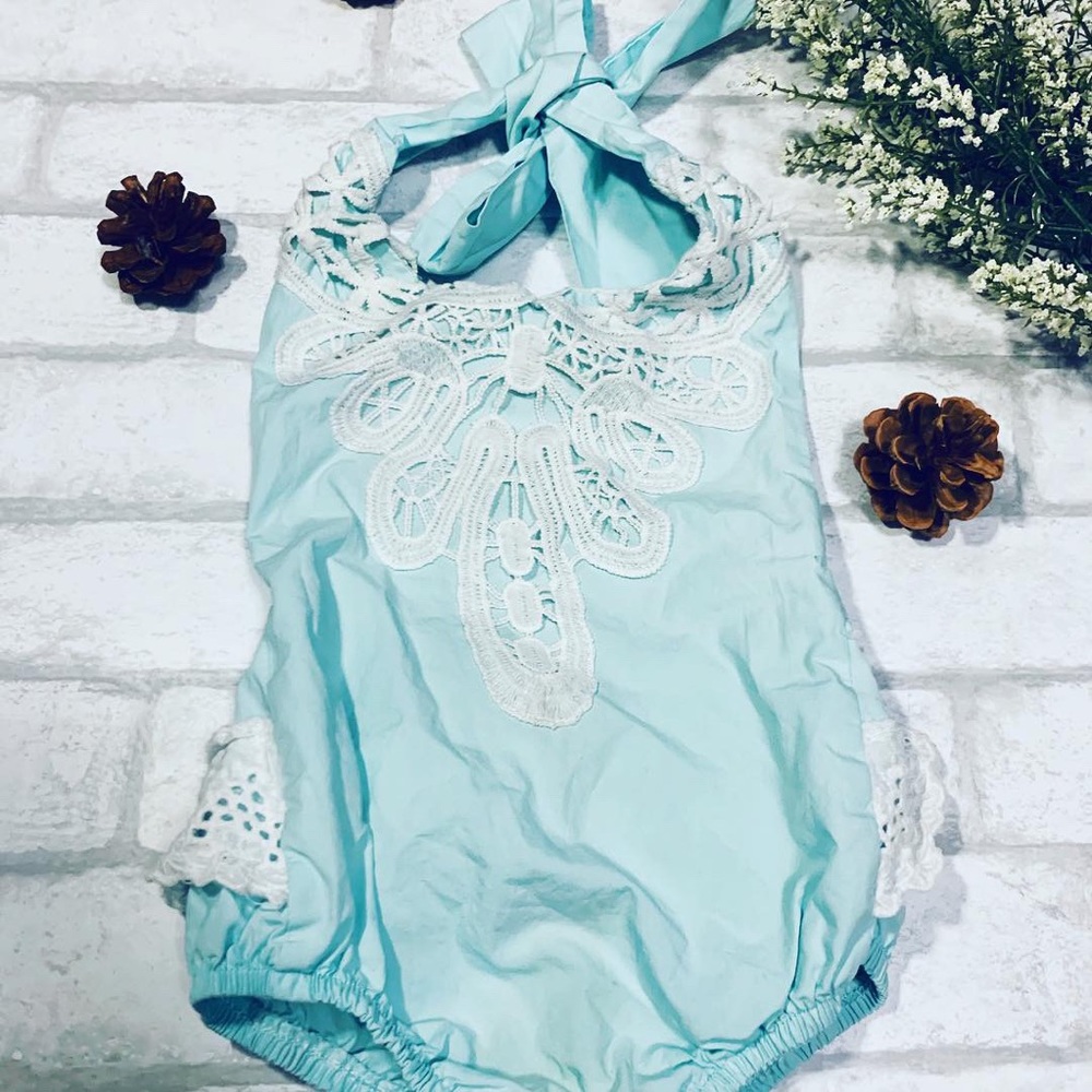 Baby blue romper with white lace design 12 months